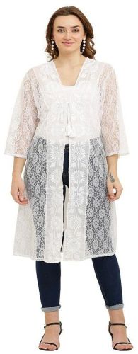 Ladies Cotton White Long Embroidered Shrug