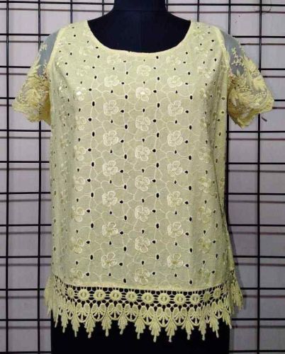 Ladies Light Yellow Round Neck Cotton Embroidered Top