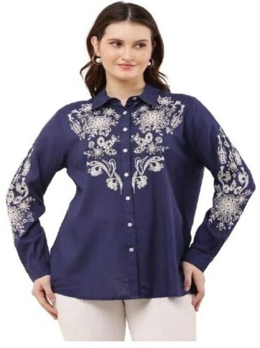 Ladies Navy Blue Rayon Printed Full Sleeve Shirt