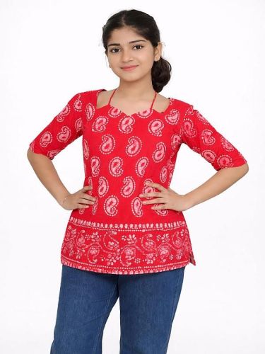 Ladies Orange Cotton Printed Short Kurti