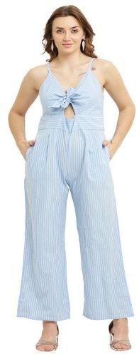 Ladies Sky Blue Cotton Yarn Dyed Striped Jumpsuit