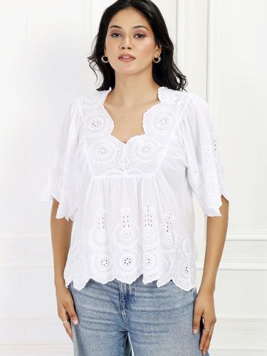Ladies White Cotton Cambric Embroidered Short Kurti