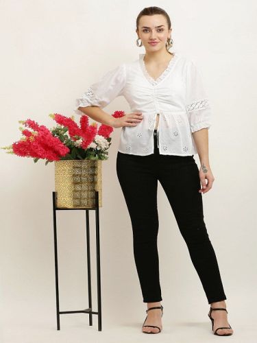 Ladies White V Neck Poly Cotton Embroidered Top