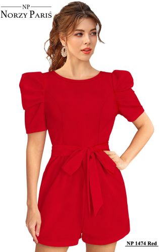 ladies red belted puff sleeve playsuit