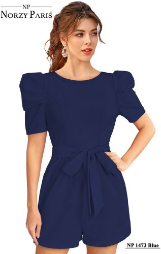 Ladies Blue Belted Puff Sleeve Playsuit