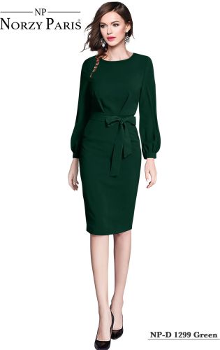 Ladies Green Full Sleeve Belted Midi Dress