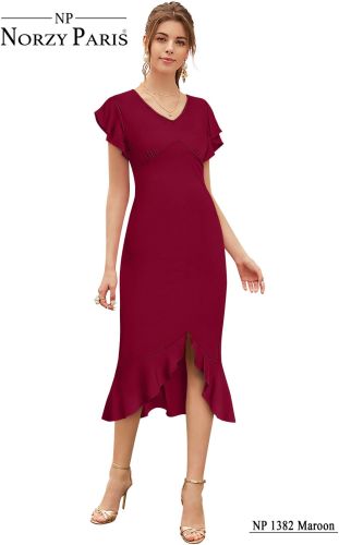 Ladies Maroon Ruffle Hem Midi Dress