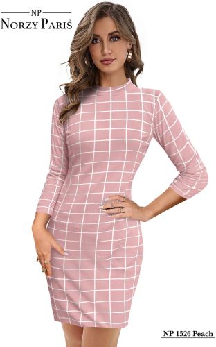 Ladies Peach Checked Bodycon Casual Dress