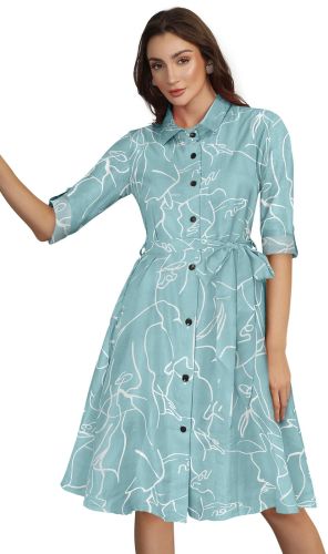 Ladies Pista Printed Shirt Collar Midi Dress