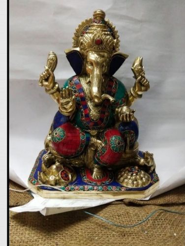 Brass Lord Ganesha Statue with Mosaic Stone Inlay