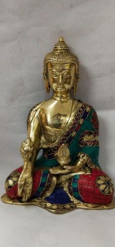 Brass Medicine Buddha Statue with Mosaic Stone Inlay
