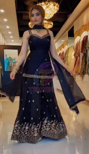 Black Embroidered Frendy Silk Sharara Set