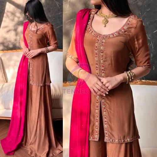 Brown Crepe Silk Sharara Plazzo Set with Pink Dupatta