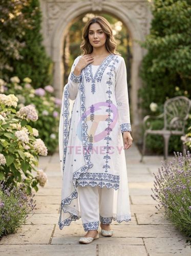 Cotton Thread Embroidered 3 Piece Suit Set