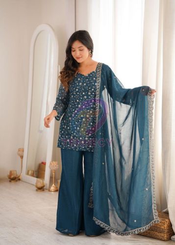 Designer Crunchy Silk Kurta Bell Bottom Set
