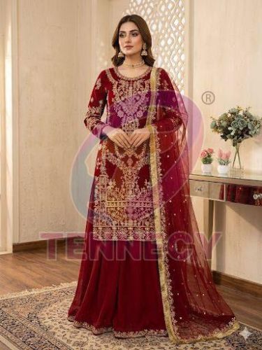 Designer Maroon Georgette Sharara Suit Set