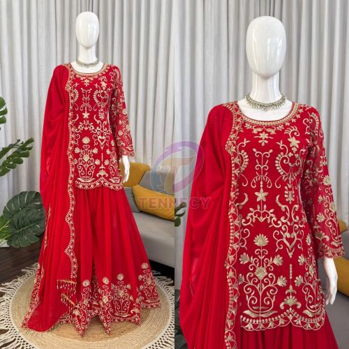 Designer Red Faux Georgette Sharara Set