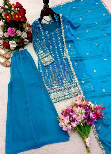 Embroidered Sequins Work Top Palazzo Dupatta Set