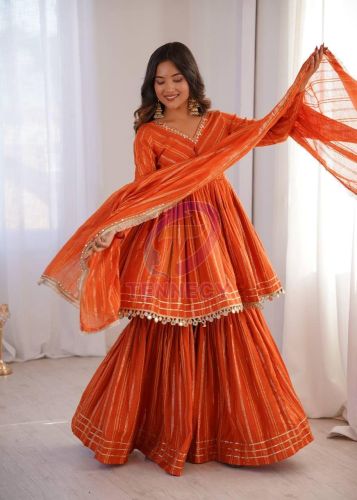 Orange Chanderi Mirror Work Sharara Set