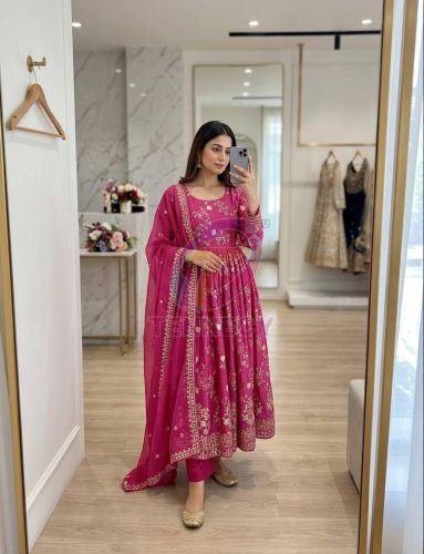 Pink Chinon Silk Gown Pant Dupatta Set