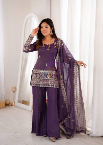 Purple Crunchy Silk Bell Bottom Suit Set