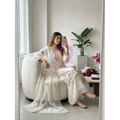 White Crunchy Silk Top Palazzo Dupatta Set