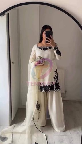 White Fendy Silk Party Suit Set