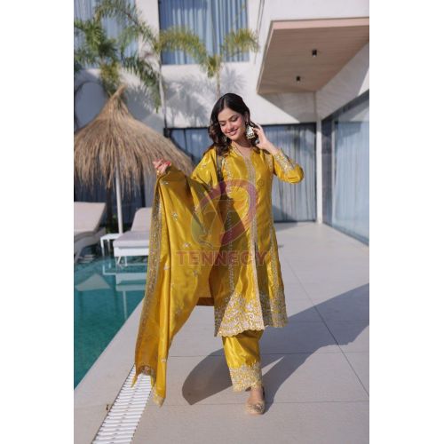 Yellow Sequins Zari Embroidered Suit Set