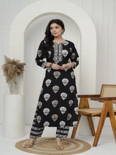 Ladies Black Rayon Floral Kurti Salwar Suit Set With Dupatta