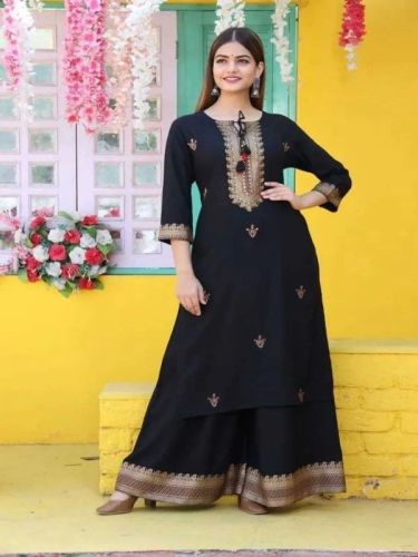 Ladies Black Rayon Kurta Sharara Set With Dupatta