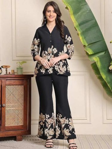 Ladies Black Viscose Rayon Printed Co-Ord Set