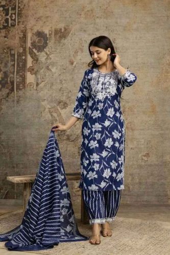 Ladies Blue Cotton Embroidered Salwar Suit Set With Dupatta