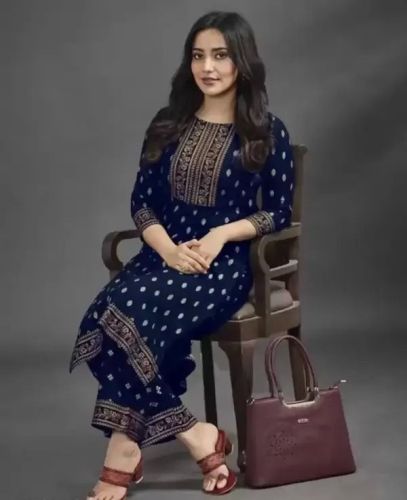 Ladies Blue Cotton Printed Kurti Pant Set