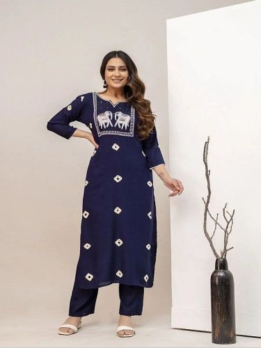 Ladies Blue Rayon Embroidered Kurti Pant Set with Dupatta