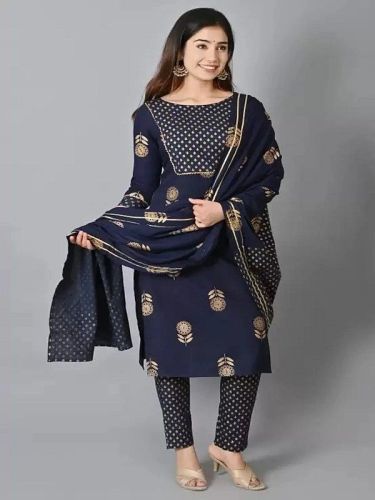 Ladies Dark Blue Rayon Printed Kurti Pant Set With Dupatta