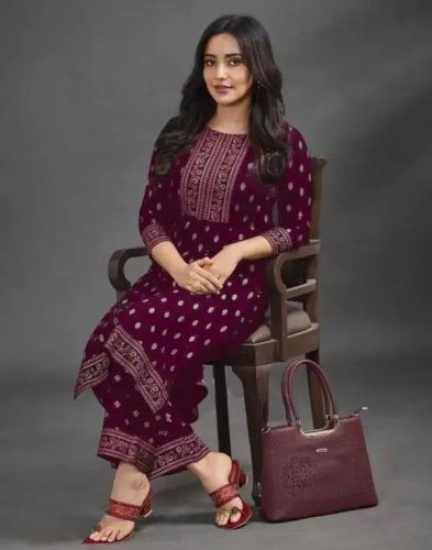 Ladies Dark Magenta Cotton Printed Kurti Pant Set
