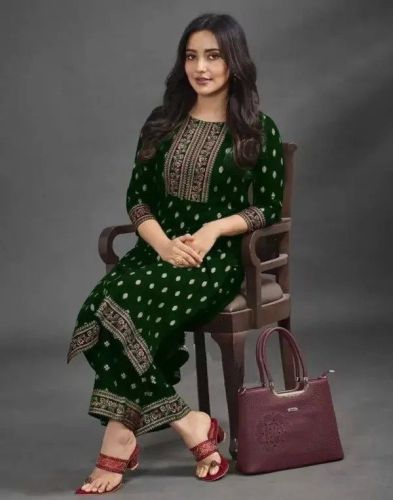 Ladies Green Cotton Printed Kurti Pant Set