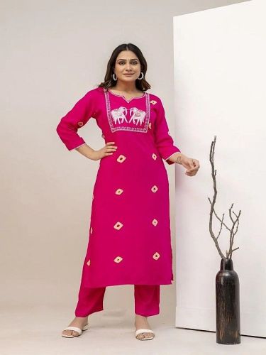 Ladies Pink Rayon Embroidered Kurti Pant Set With Dupatta