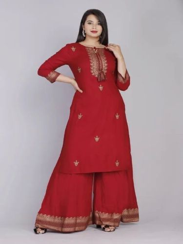 Ladies Plain Maroon Rayon Kurta Sharara Set With Dupatta