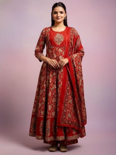Ladies Red Printed Rayon Kurti Palazzo Set with Dupatta