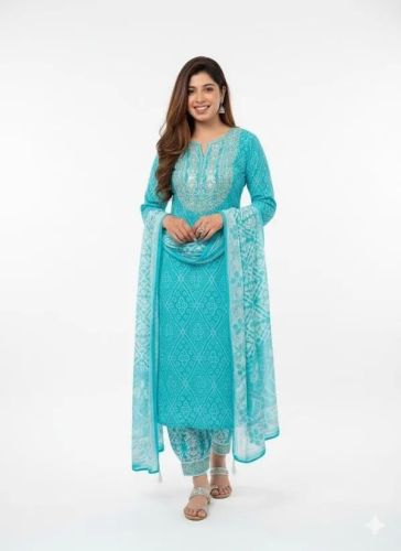 Ladies Sky Blue Cotton Embroidered Kurti Salwar Suit Set With Dupatta