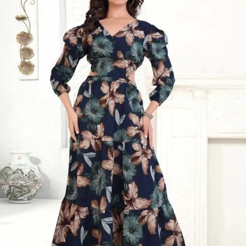 Floral Print Puff Sleeve A Line Maxi Dress