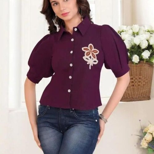 Women Floral Embroidered Puff Sleeve Shirt Style Top