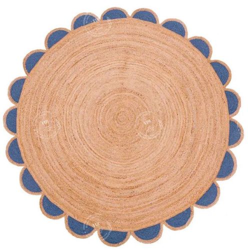 Blue Scalloped Border Round Handmade Jute Rug
