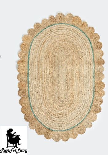 Green Scalloped Oval Handmade Jute Rug