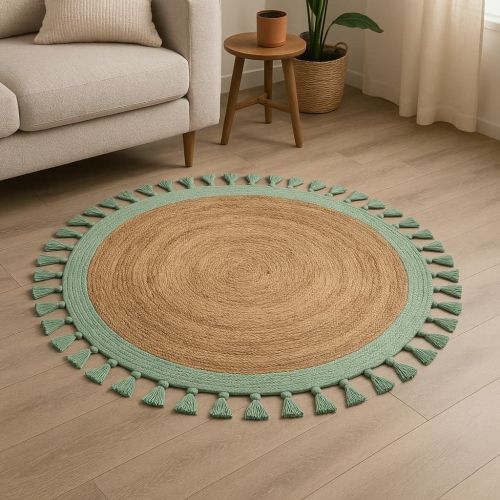 Green Tassel Fringe Round Handmade Jute Rug