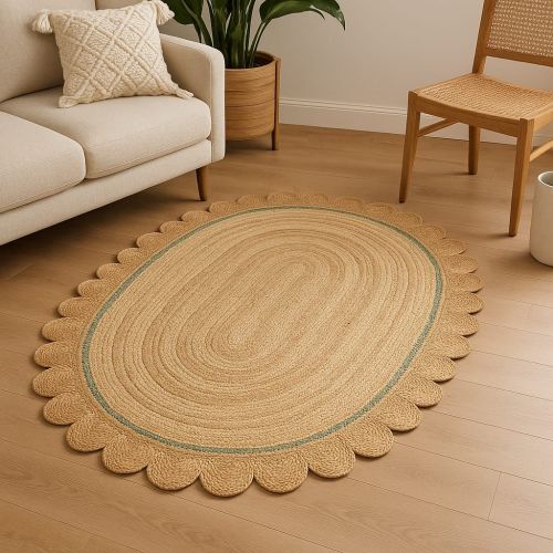 Sage Green Stripe Oval Handmade Jute Rug