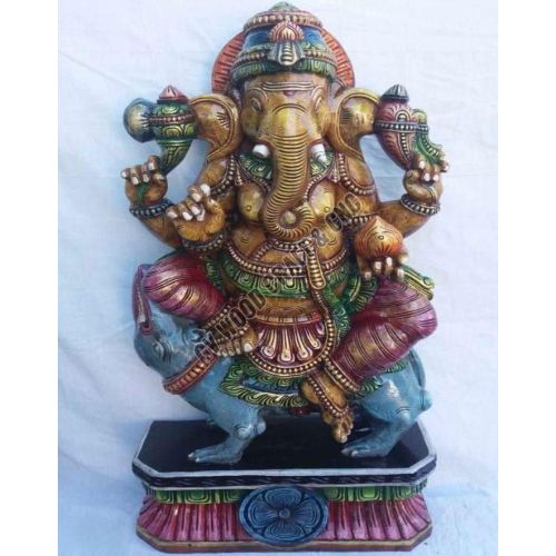 24 Inches Wooden Four Armed Seated Ganesha Wooden Statue