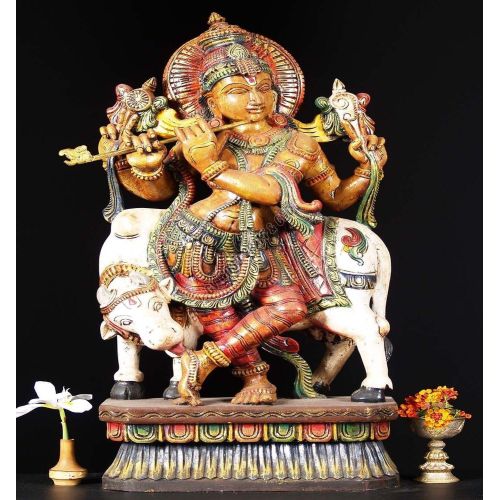 36 Inch Wooden Painted Venugopal Statue