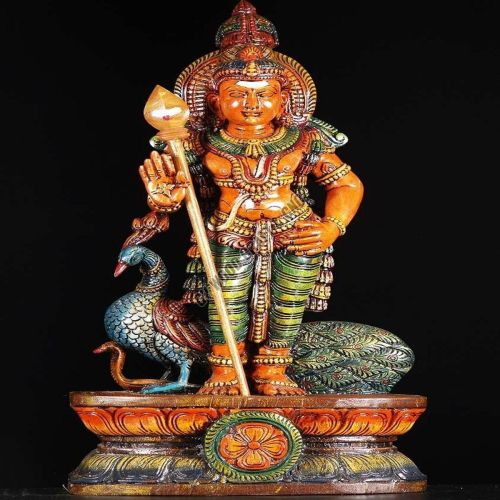 36 Inches Hand Carved Wooden Murugan Idol